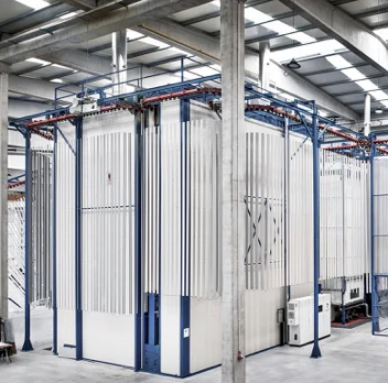 SAT vertical powder coating booth, interior view.