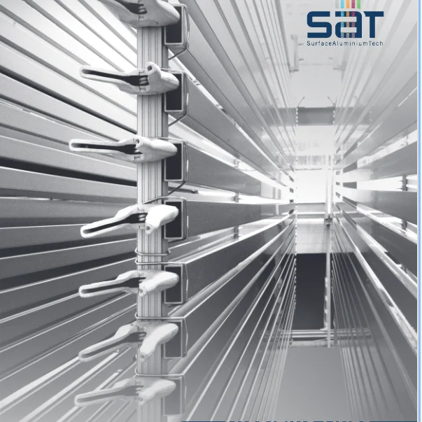 Interior of a vertical powder coating tower used to finish aluminum extrusion profiles.